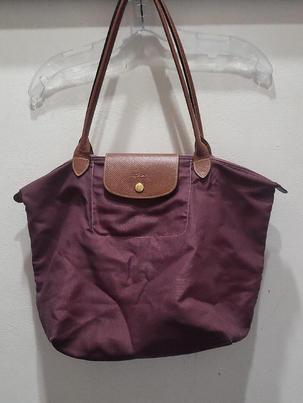 Longchamp Nylon Tote in Plum with Brown Trim